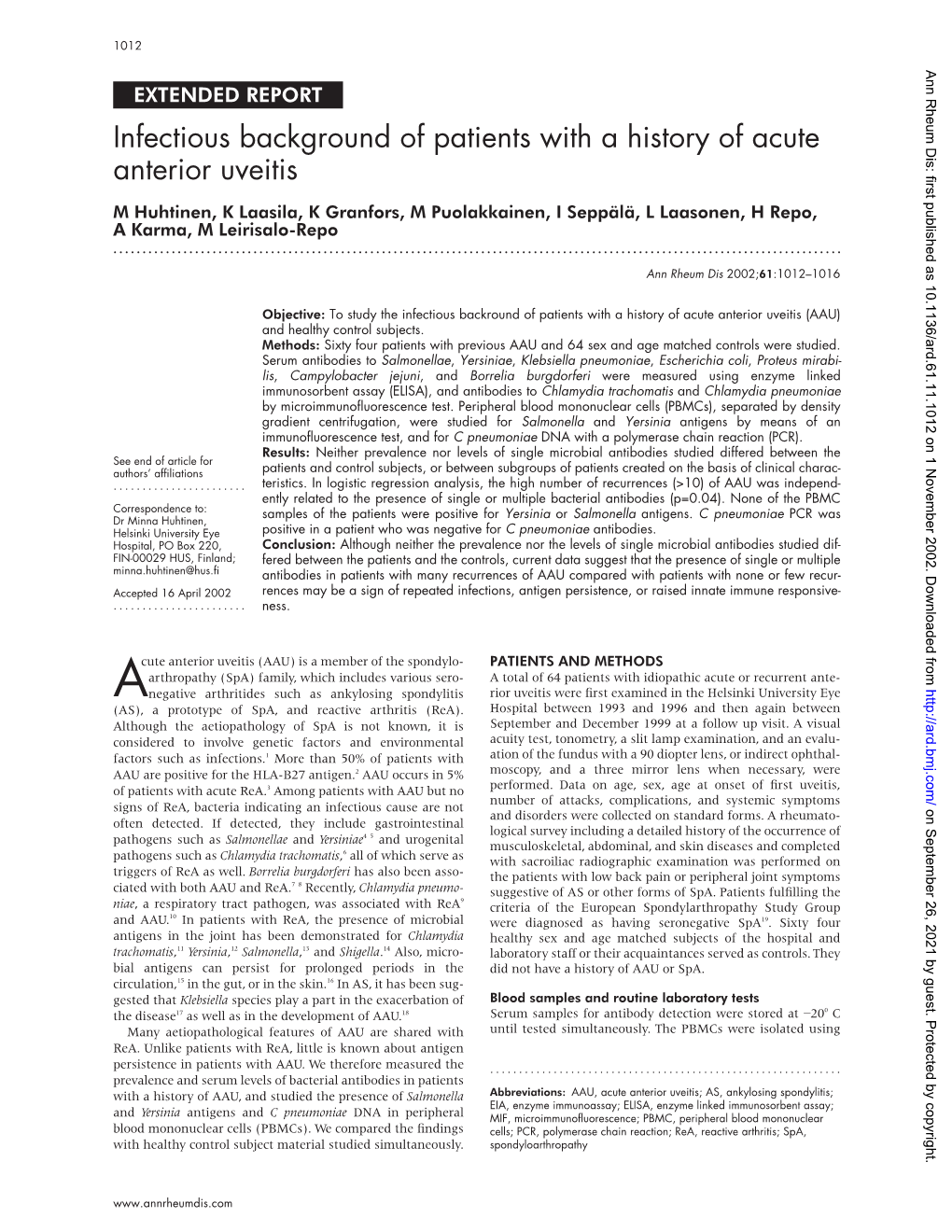 Infectious Background of Patients with a History of Acute Anterior Uveitis