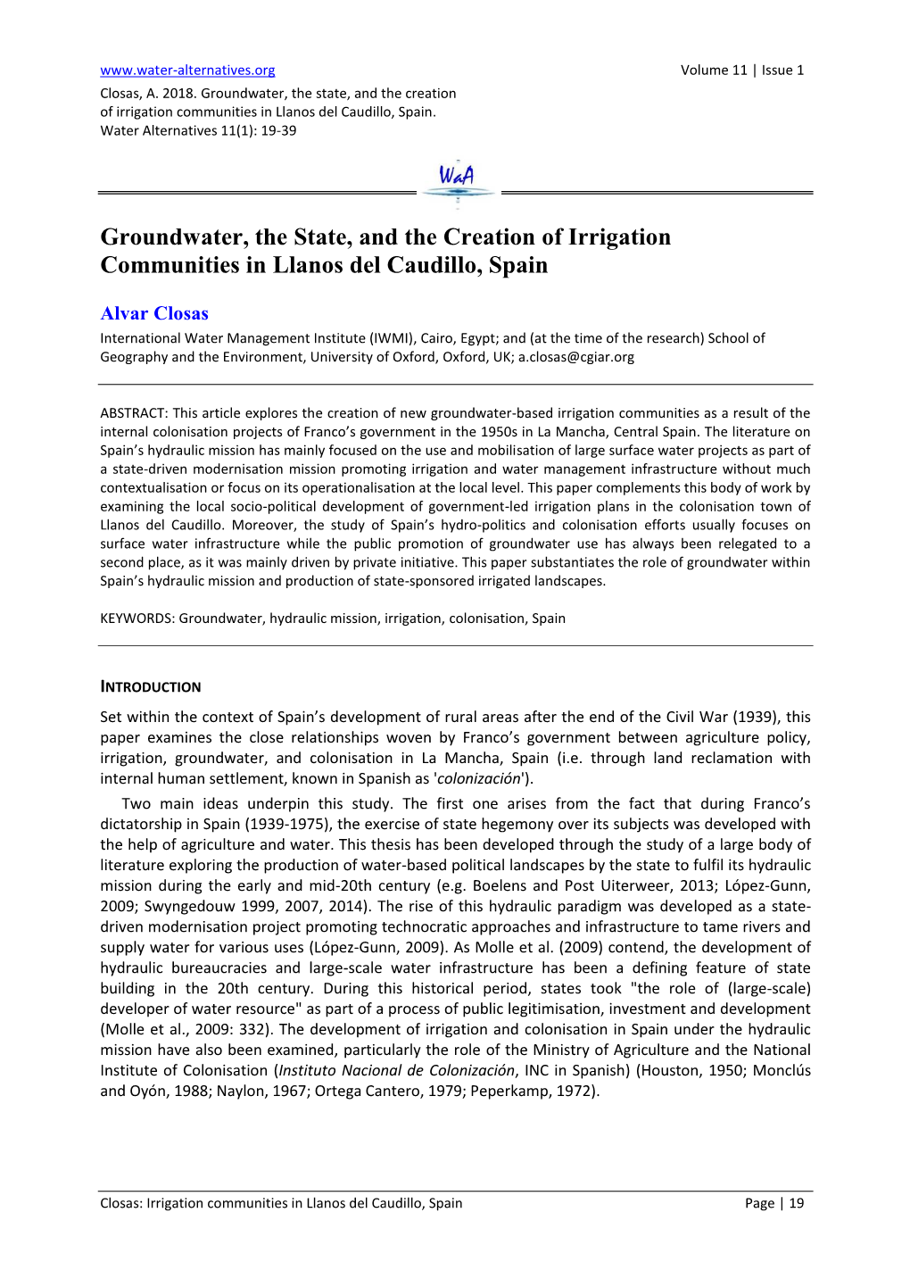 Groundwater, the State, and the Creation of Irrigation Communities in Llanos Del Caudillo, Spain