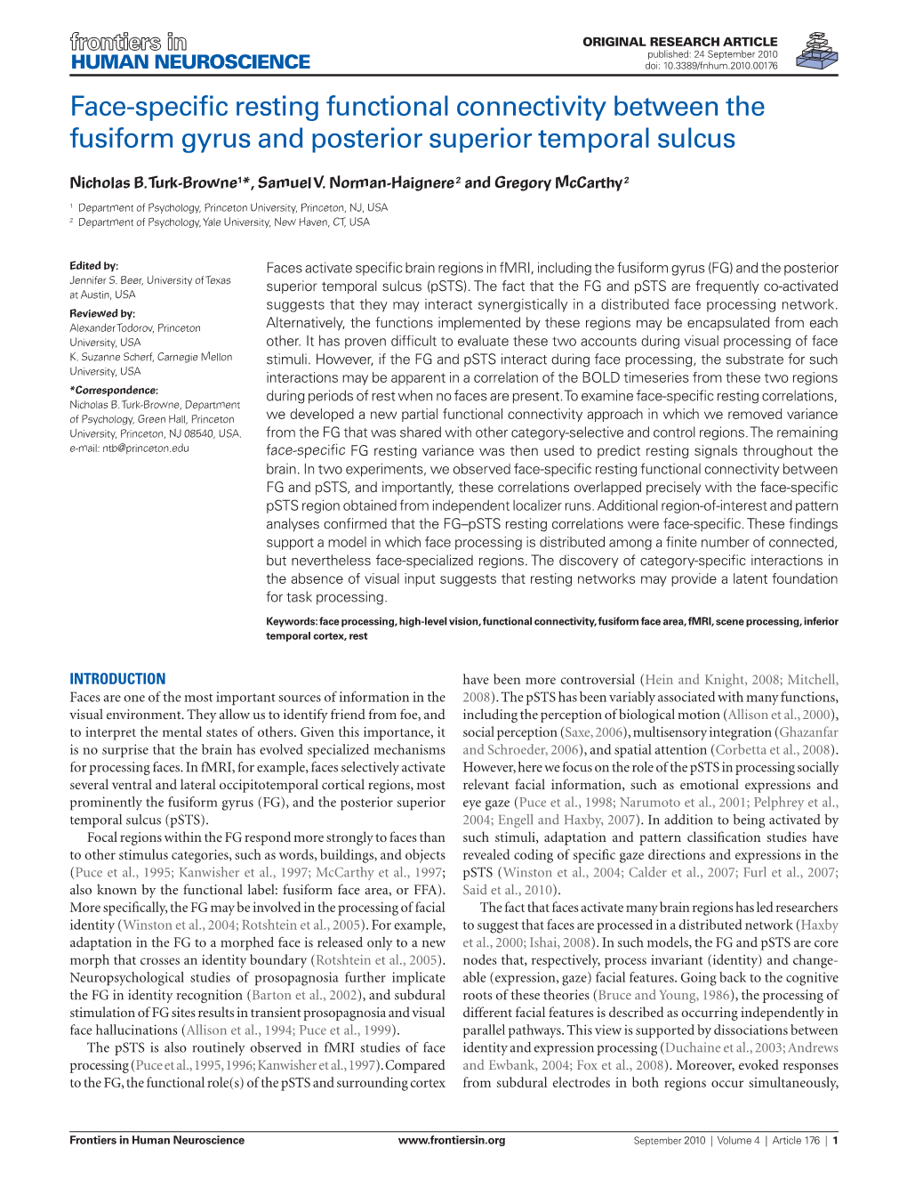 Face-Specific Resting Functional Connectivity Between the Fusiform Gyrus and Posterior Superior Temporal Sulcus