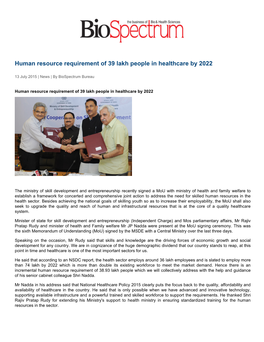 Human Resource Requirement of 39 Lakh People in Healthcare by 2022