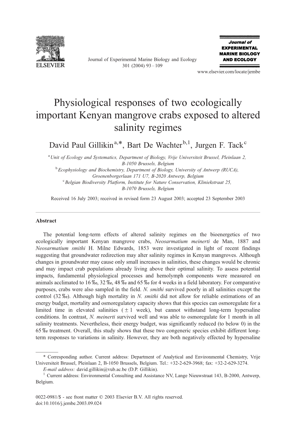 Physiological Responses of Two Ecologically Important Kenyan Mangrove Crabs Exposed to Altered Salinity Regimes