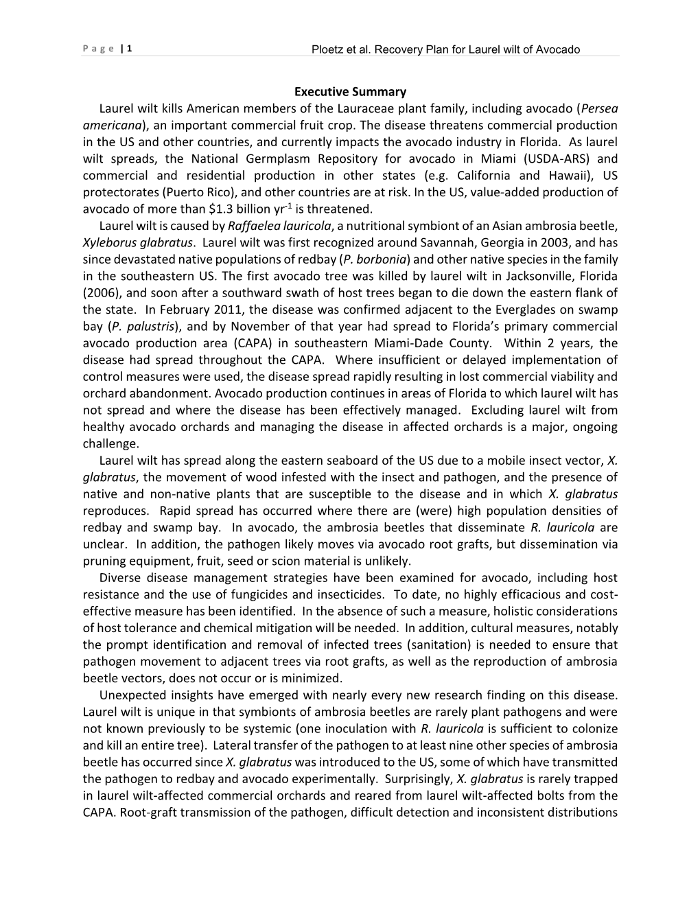 Ploetz Et Al. Recovery Plan for Laurel Wilt of Avocado