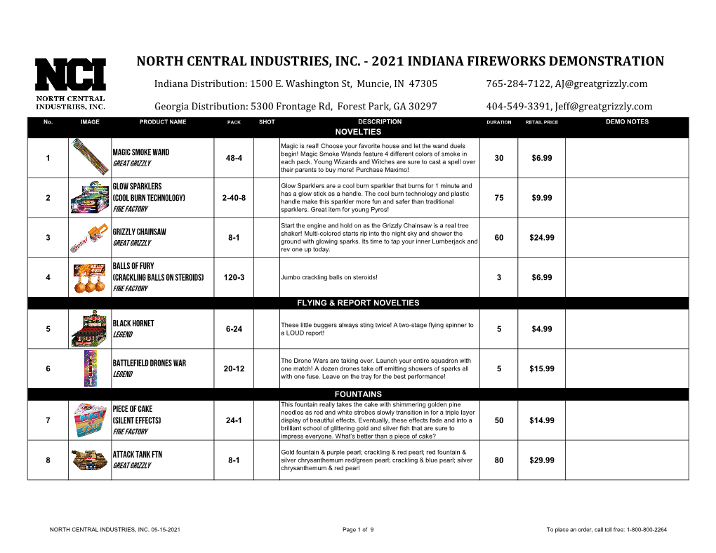 NORTH CENTRAL INDUSTRIES, INC. - 2021 INDIANA FIREWORKS DEMONSTRATION Indiana Distribution: 1500 E