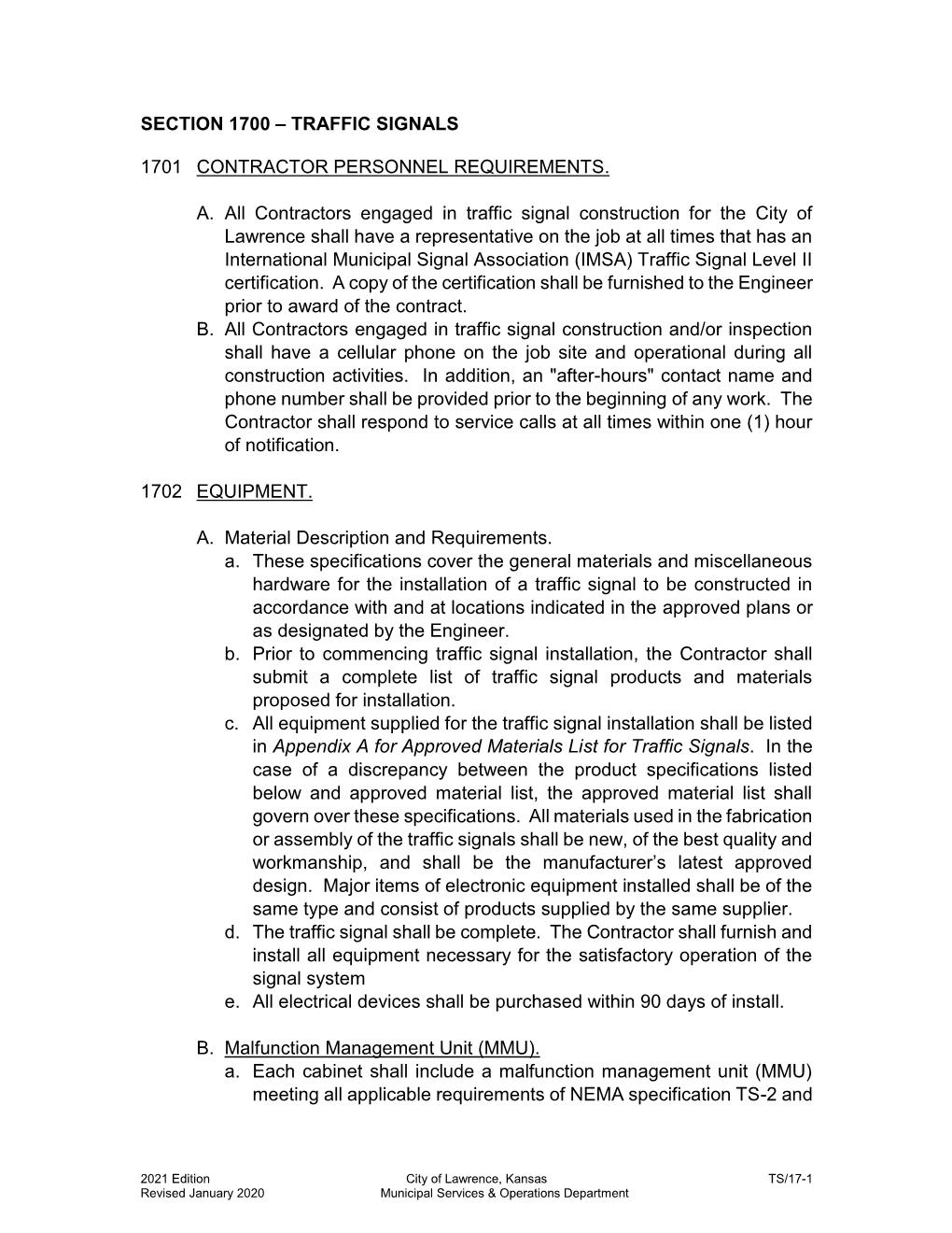 Section 1700 – Traffic Signals 1701 Contractor Personnel