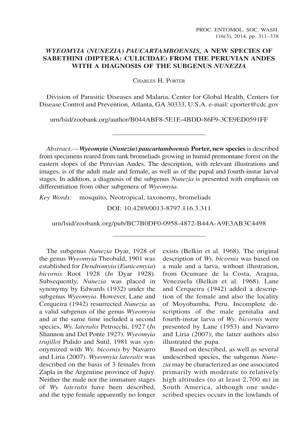 Wyeomyia (Nunezia) Paucartamboensis, a New Species of Sabethini (Diptera: Culicidae) from the Peruvian Andes with a Diagnosis of the Subgenus Nunezia