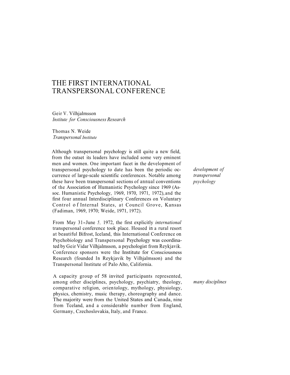 The First International Transpersonal Conference