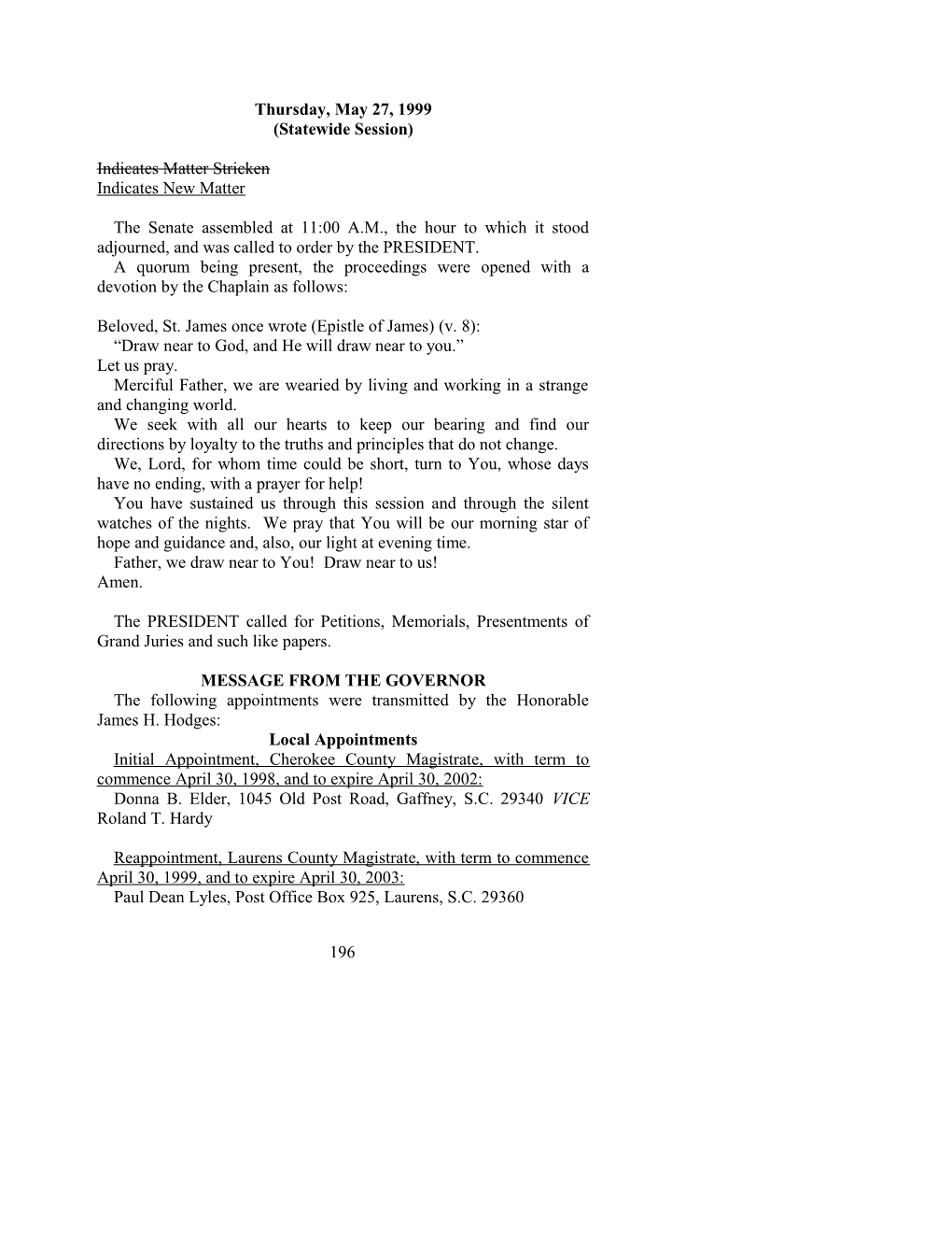 Senate Journal for May 27, 1999 - South Carolina Legislature Online