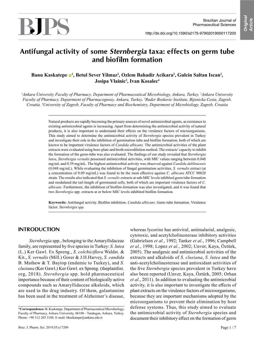 Antifungal Activity of Some Sternbergia Taxa: Effects on Germ Tube and Biofilm Formation