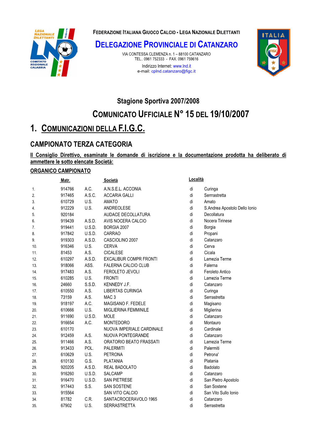 Comunicato Ufficiale N°15Del 19