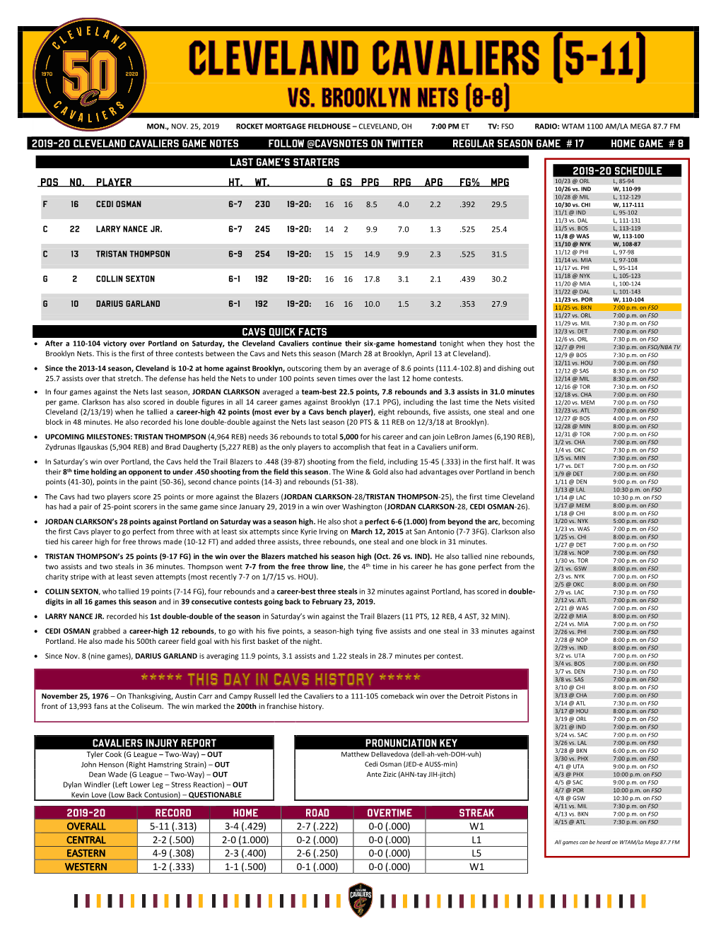 Cleveland Cavaliers Game Notes Follow @Cavsnotes on Twitter Regular Season Game # 17 Home Game # 8