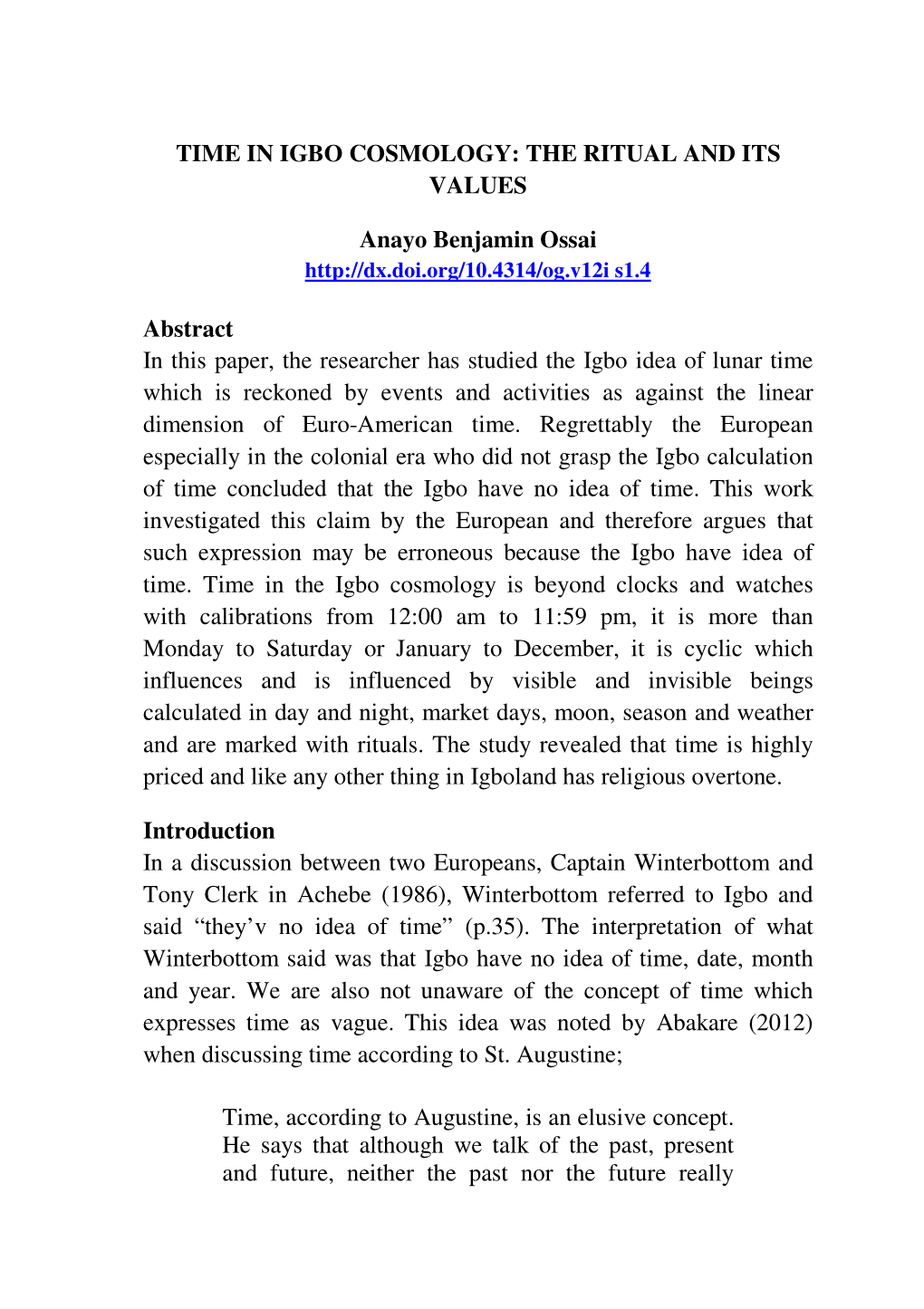 TIME in IGBO COSMOLOGY: the RITUAL and ITS VALUES Anayo