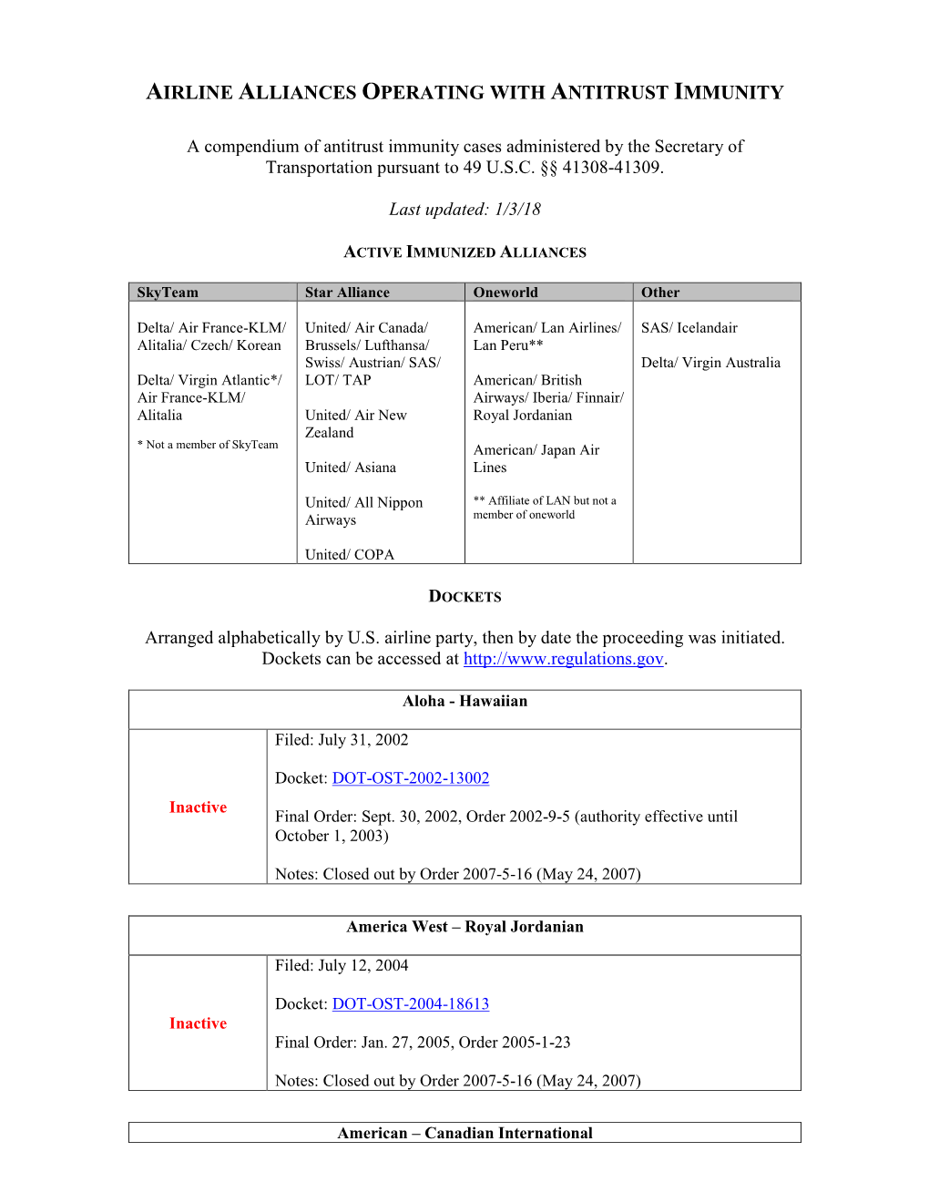 Airline Alliances Operating with Antitrust Immunity