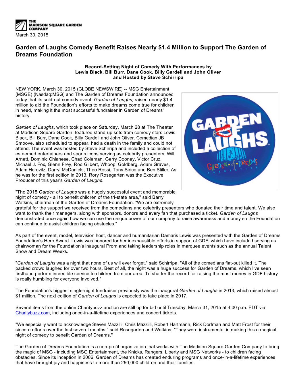 Garden of Laughs Comedy Benefit Raises Nearly $1.4 Million to Support the Garden of Dreams Foundation