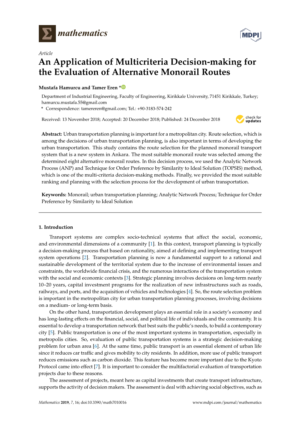 An Application of Multicriteria Decision-Making for the Evaluation of Alternative Monorail Routes