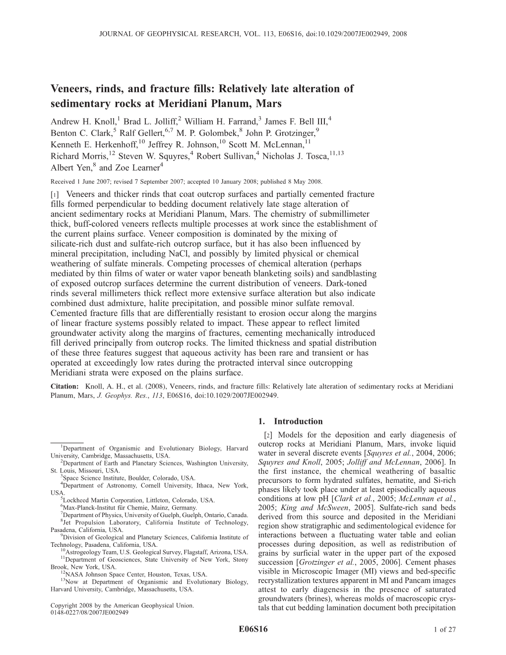 Veneers, Rinds, and Fracture Fills: Relatively Late Alteration of Sedimentary Rocks at Meridiani Planum, Mars Andrew H