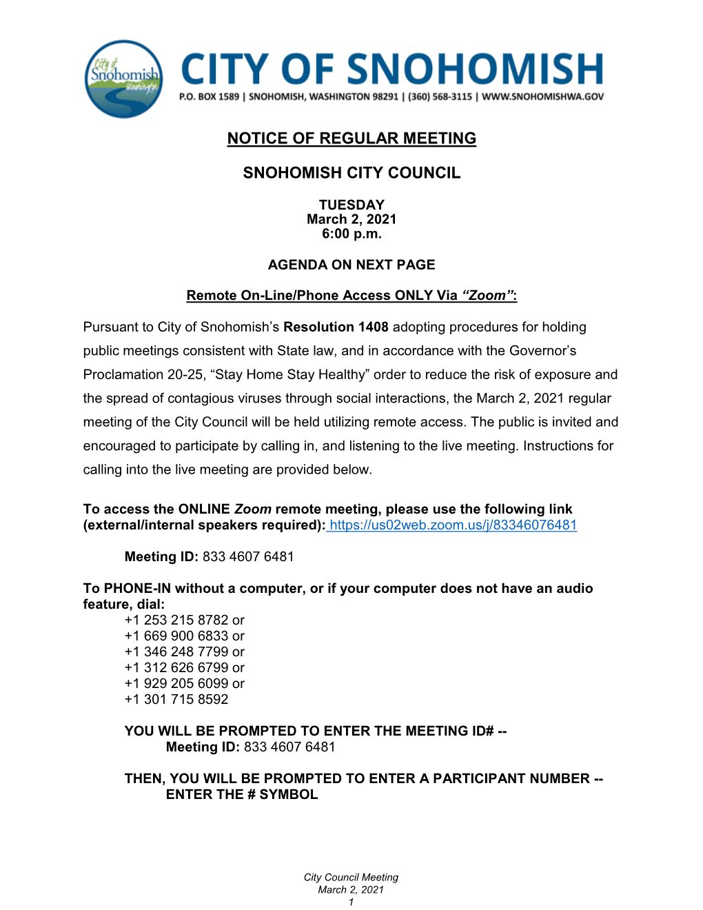 Notice of Regular Meeting Snohomish City Council