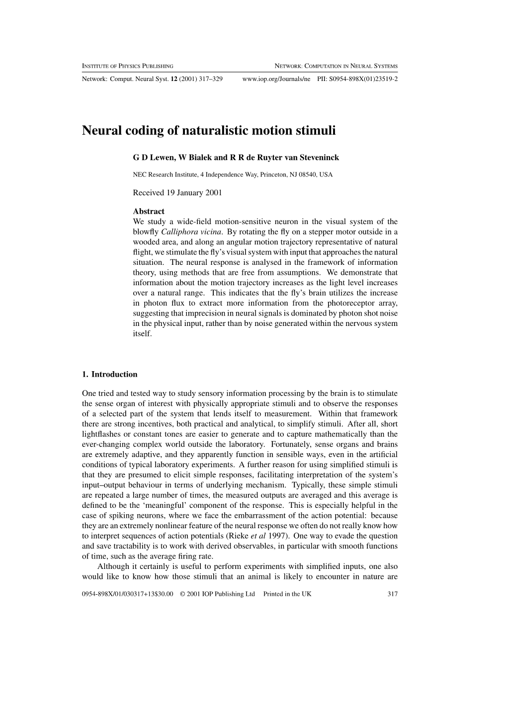 Neural Coding of Naturalistic Motion Stimuli