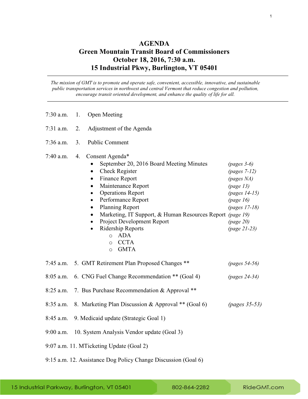 AGENDA Green Mountain Transit Board of Commissioners October 18, 2016, 7:30 A.M