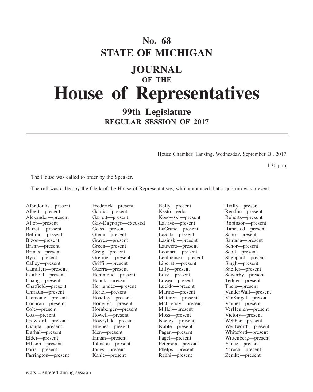 House of Representatives 99Th Legislature REGULAR SESSION of 2017