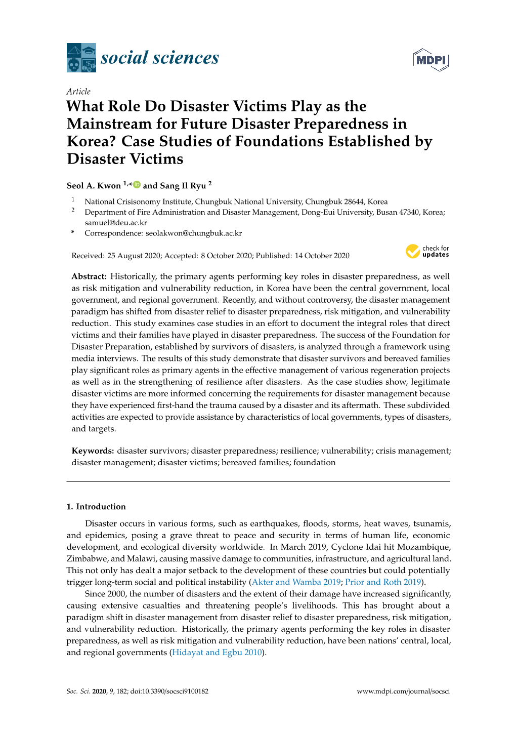 What Role Do Disaster Victims Play As the Mainstream for Future Disaster Preparedness in Korea? Case Studies of Foundations Established by Disaster Victims