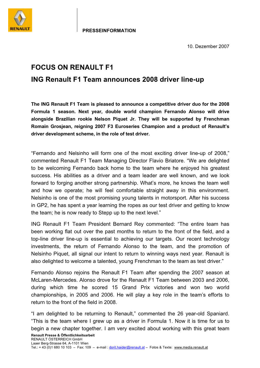 FOCUS on RENAULT F1 ING Renault F1 Team Announces 2008 Driver Line-Up
