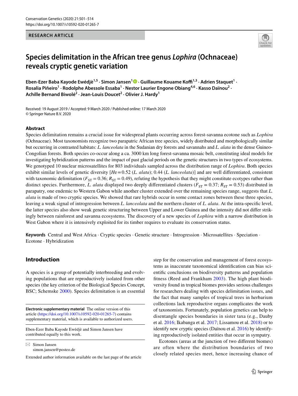 Species Delimitation in the African Tree Genus Lophira (Ochnaceae) Reveals Cryptic Genetic Variation