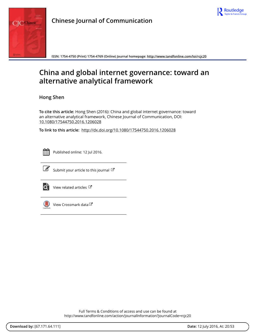 China and Global Internet Governance: Toward an Alternative Analytical Framework