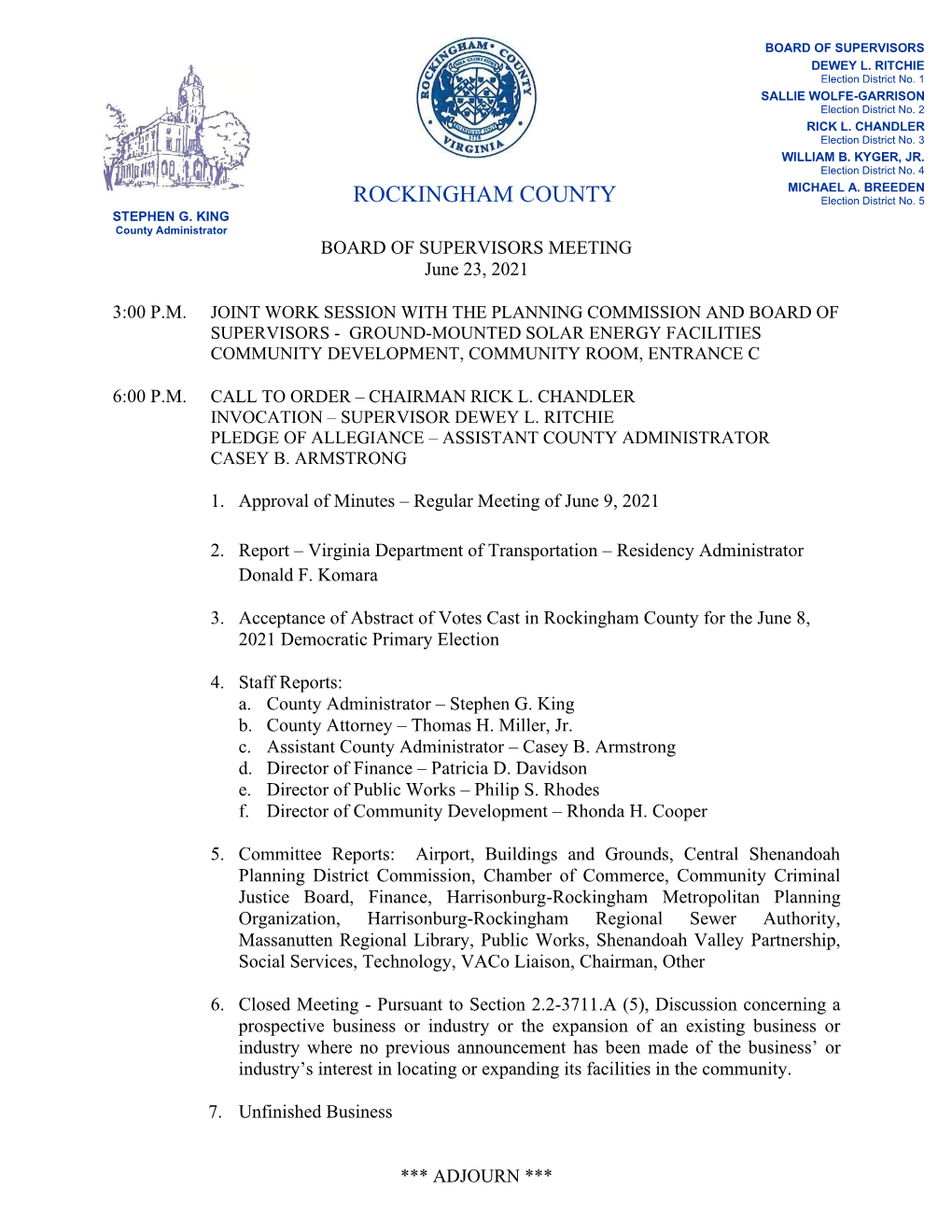 This Is the Agenda for the June 23, 2021 Rockingham County Board