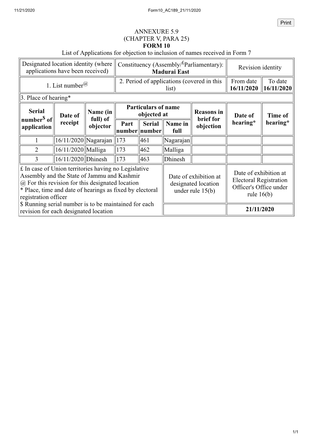 ANNEXURE 5.9 (CHAPTER V, PARA 25) FORM 10 List of Applications For