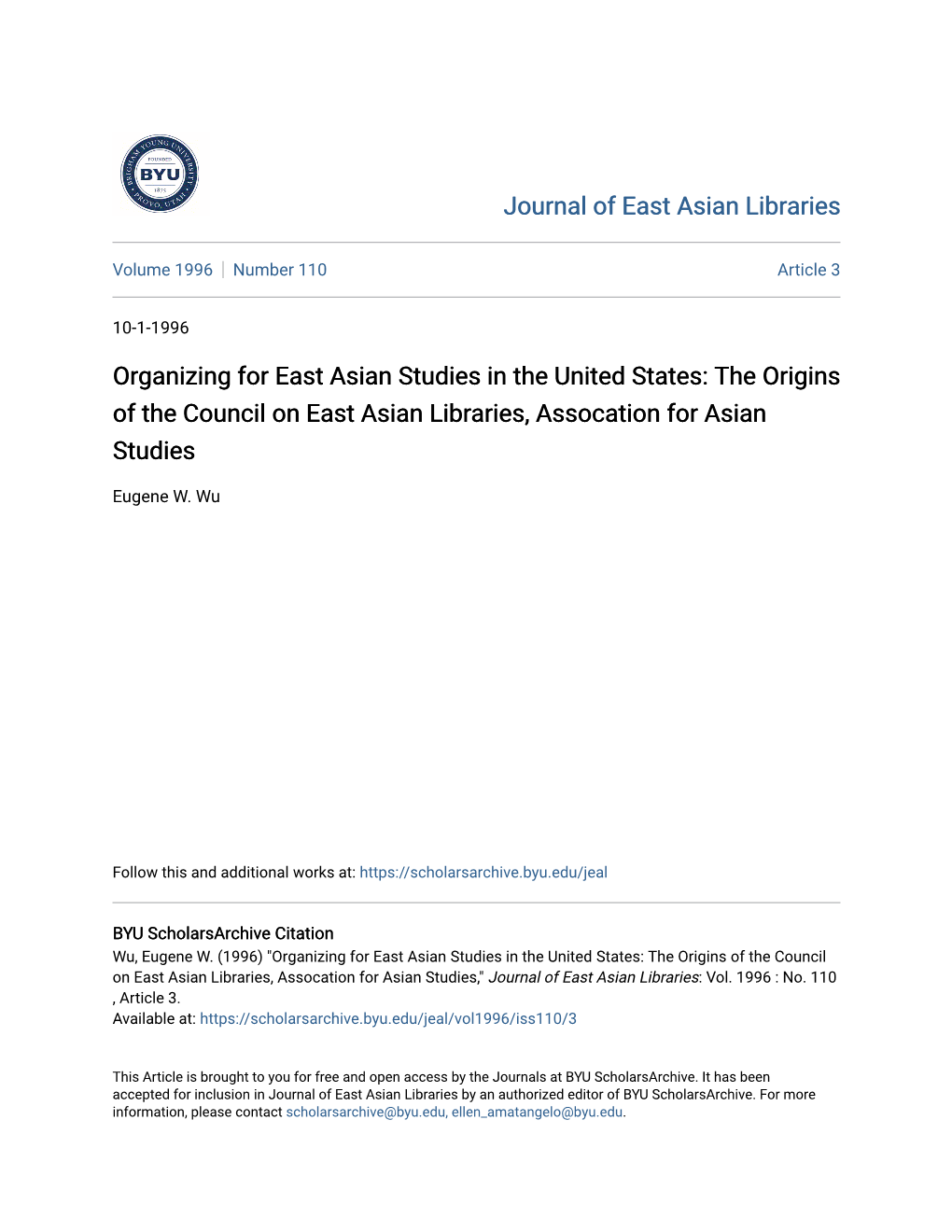 Organizing for East Asian Studies in the United States: the Origins of the Council on East Asian Libraries, Assocation for Asian Studies