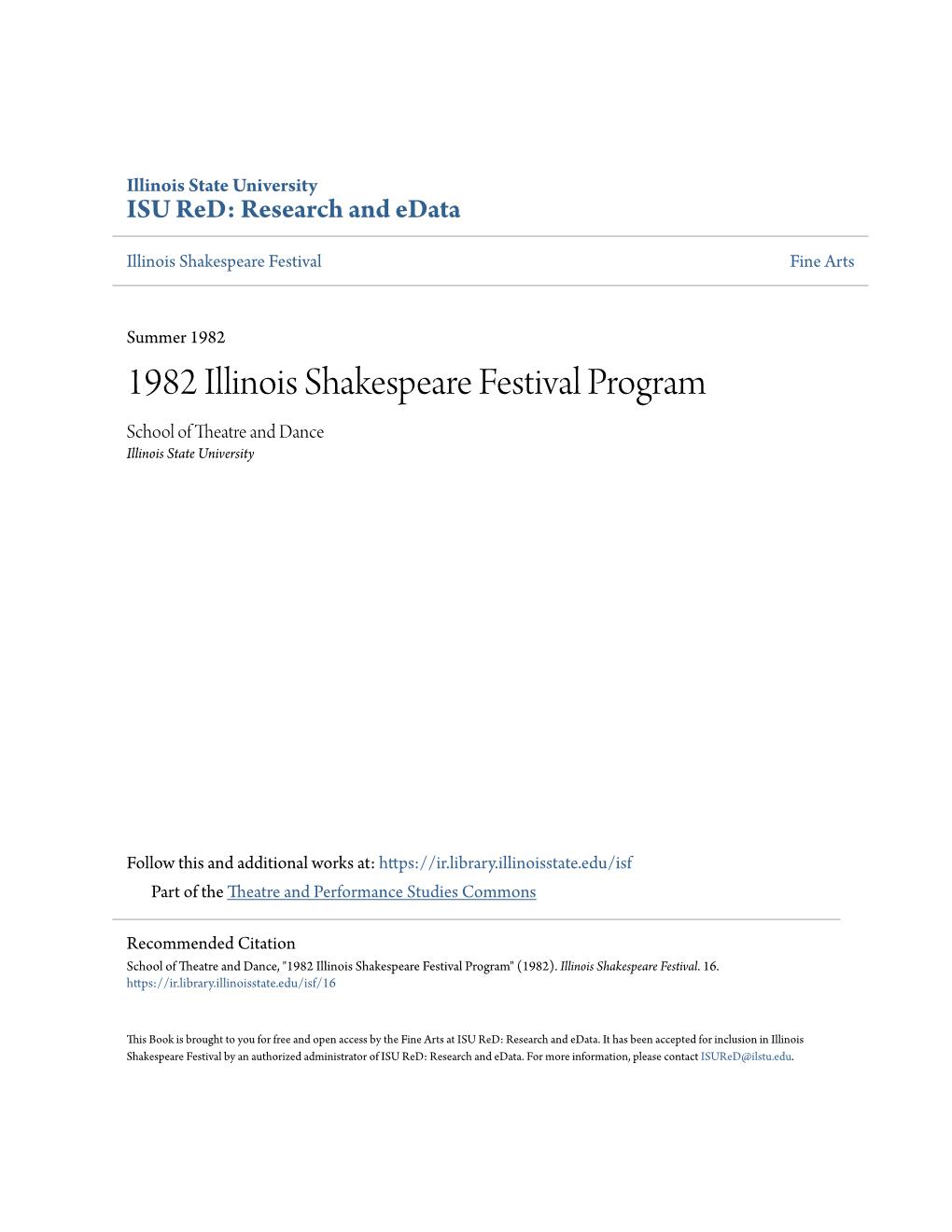 1982 Illinois Shakespeare Festival Program School of Theatre and Dance Illinois State University