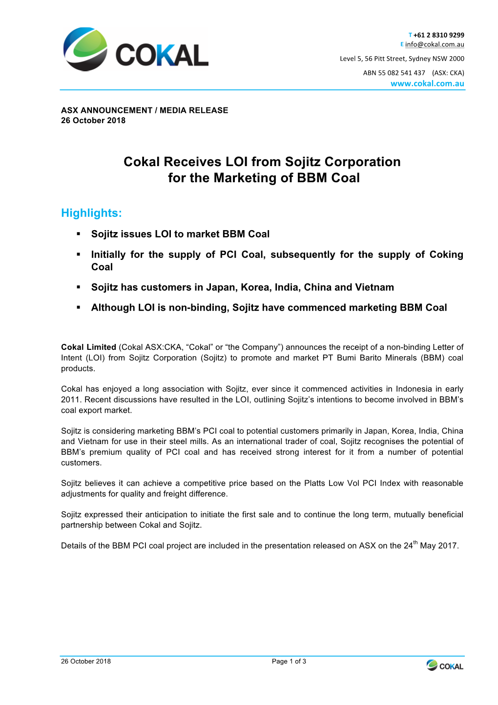 Cokal Receives LOI from Sojitz Corporation for the Marketing of BBM Coal