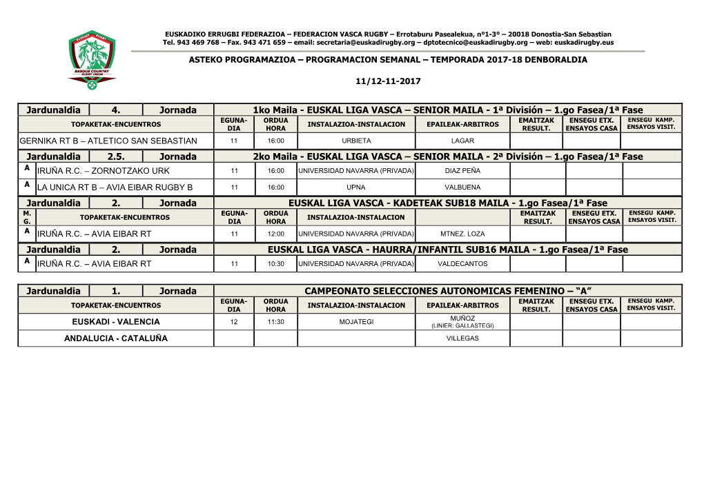 Asteko Programazioa – Programacion Semanal – Temporada 2017-18 Denboraldia