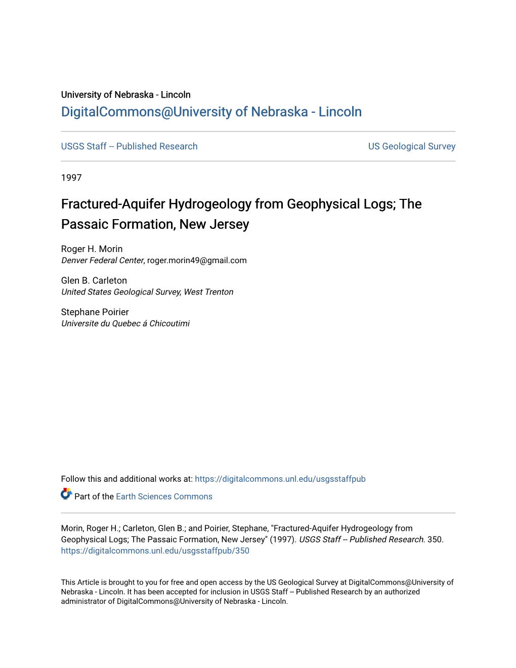 Fractured-Aquifer Hydrogeology from Geophysical Logs; the Passaic Formation, New Jersey