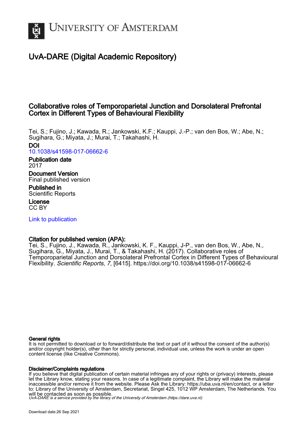 Collaborative Roles of Temporoparietal Junction and Dorsolateral Prefrontal Cortex in Different Types of Behavioural Flexibility