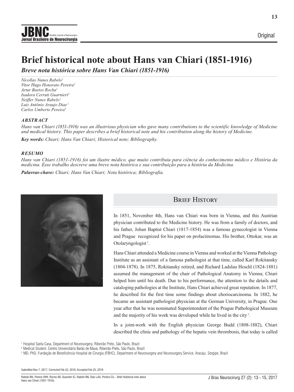 Brief Historical Note About Hans Van Chiari (1851-1916)