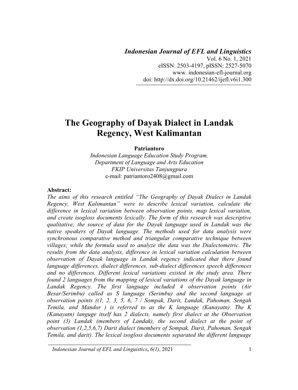 The Geography of Dayak Dialect in Landak Regency, West Kalimantan