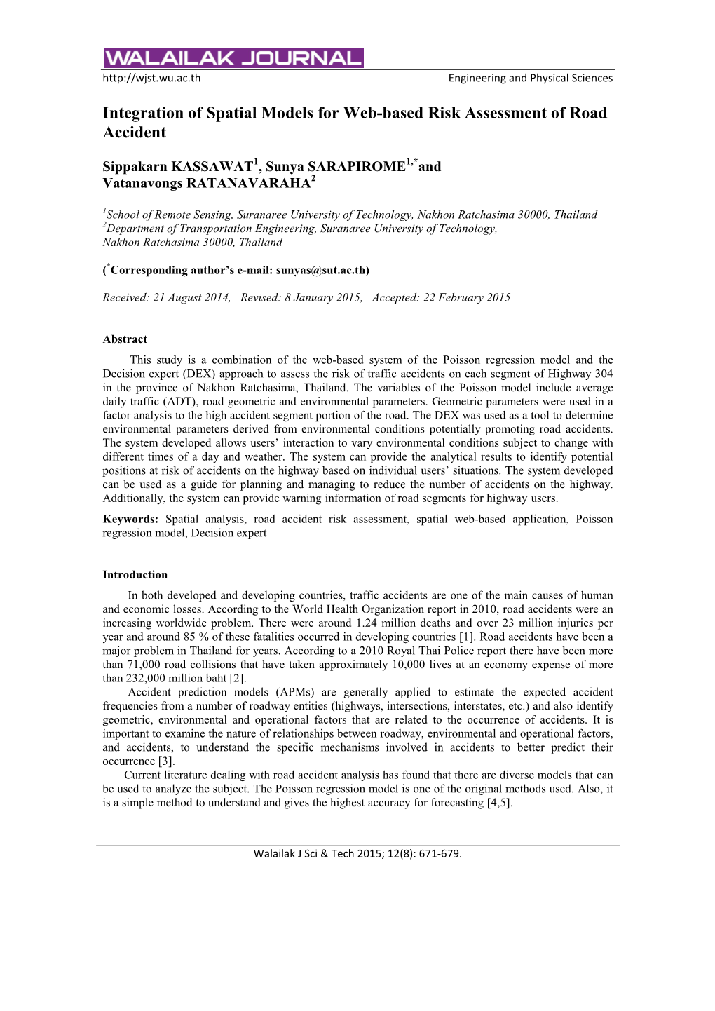 Integration of Spatial Models for Web-Based Risk Assessment of Road Accident