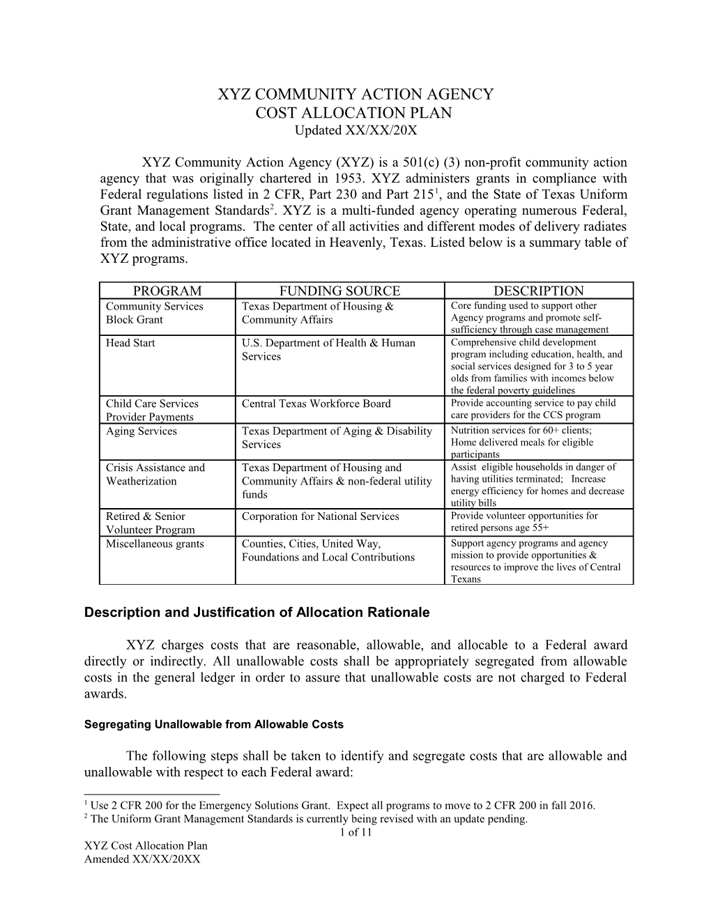 Sample Cost Allocation Plan