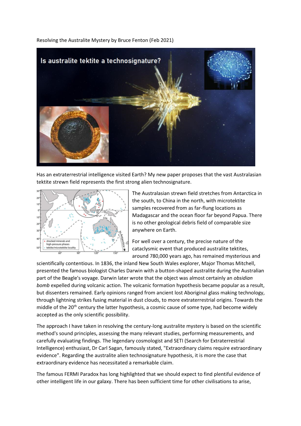 Resolving the Australite Mystery by Bruce Fenton (Feb 2021) Has an Extraterrestrial Intelligence Visited Earth?