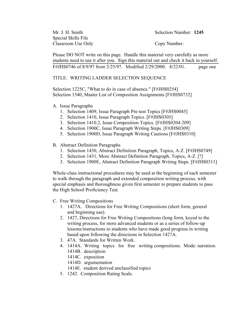 Selection 1245. Writing Ladder Selection Sequence. 8/9/97 (JHS0746;1)