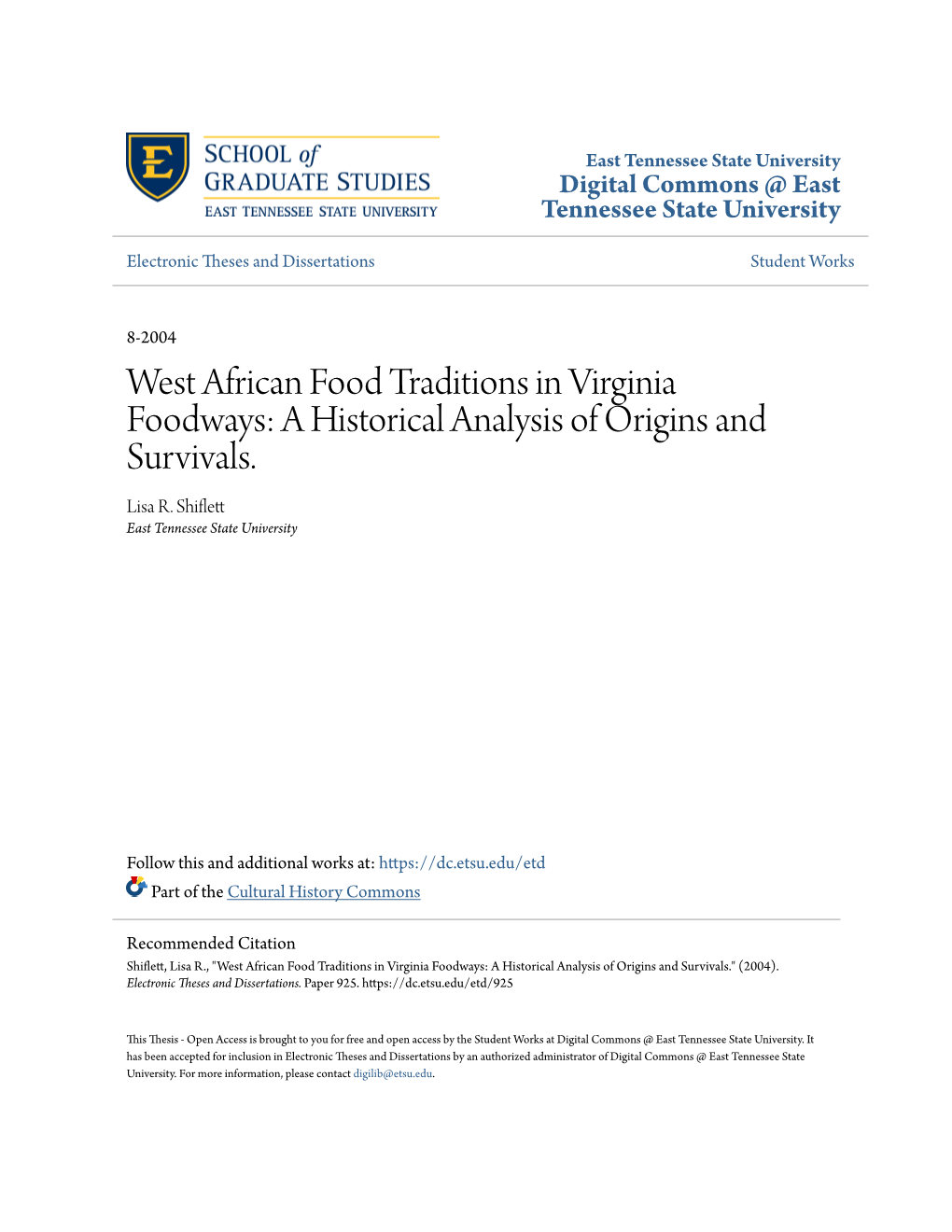 West African Food Traditions in Virginia Foodways: a Historical Analysis of Origins and Survivals