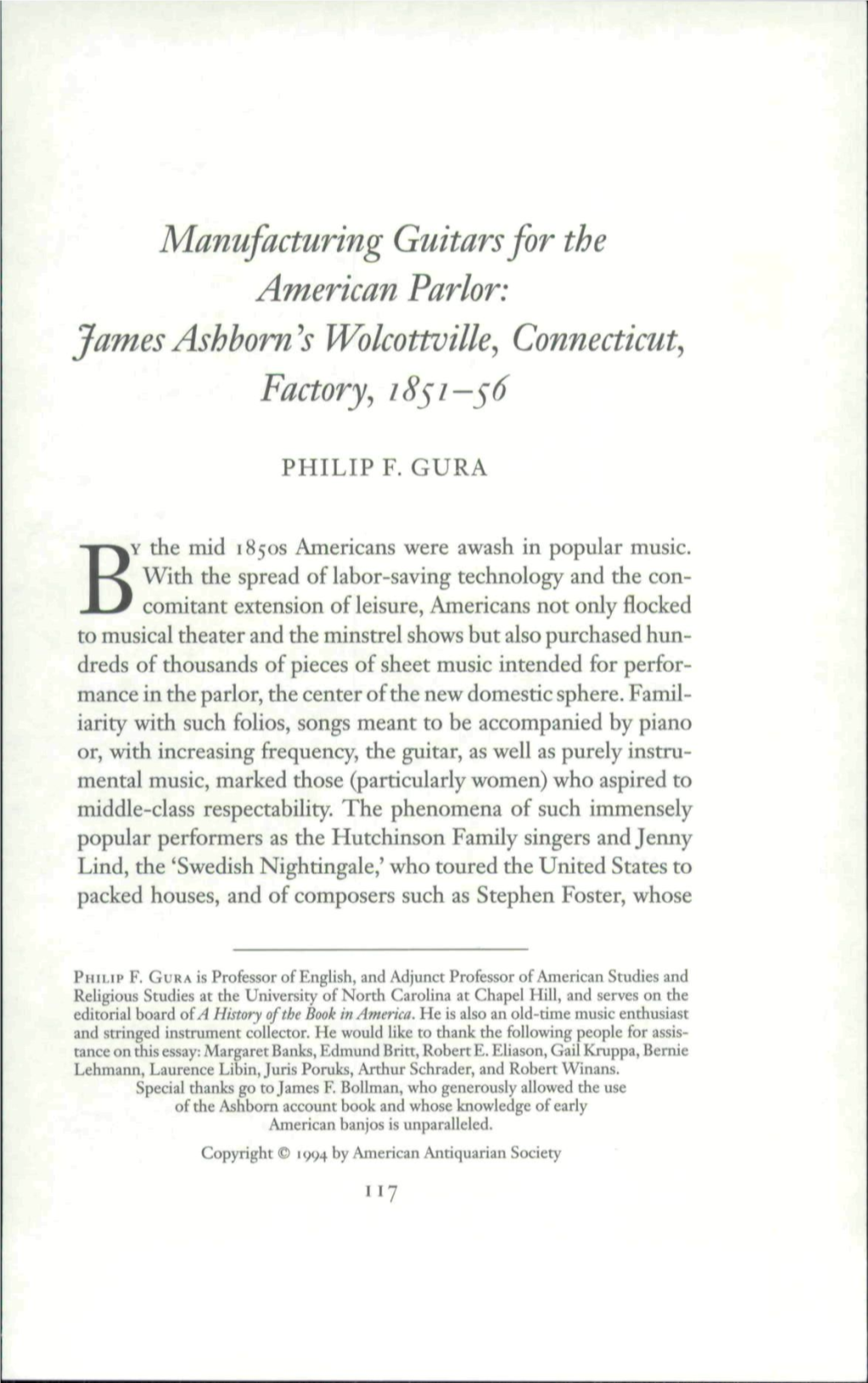 Manufacturing Guitars for the American Parlor: Jamesashbom^S Wolcottville^ Connecticut^ Factory^ 18^1-56