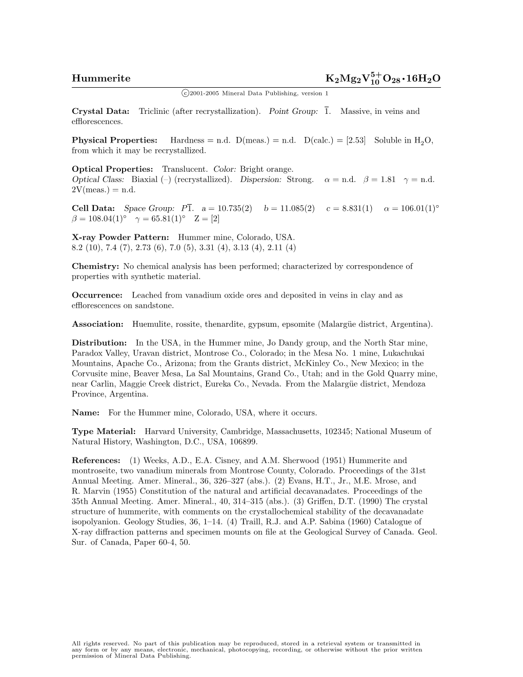 Hummerite K2mg2v10 O28 16H2O C 2001-2005 Mineral Data Publishing, Version 1