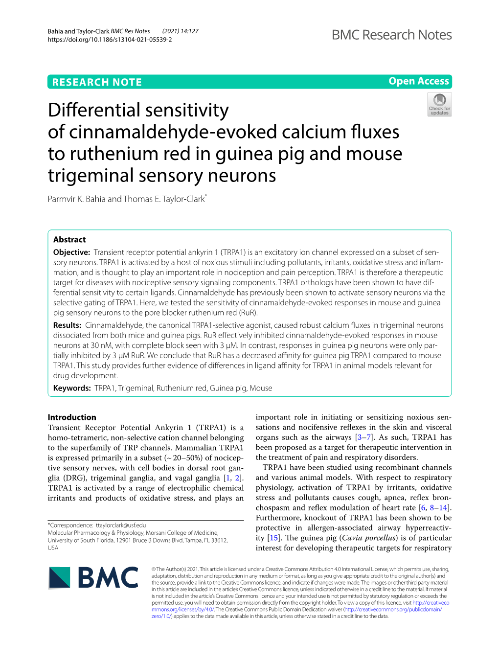 Differential Sensitivity of Cinnamaldehyde-Evoked Calcium