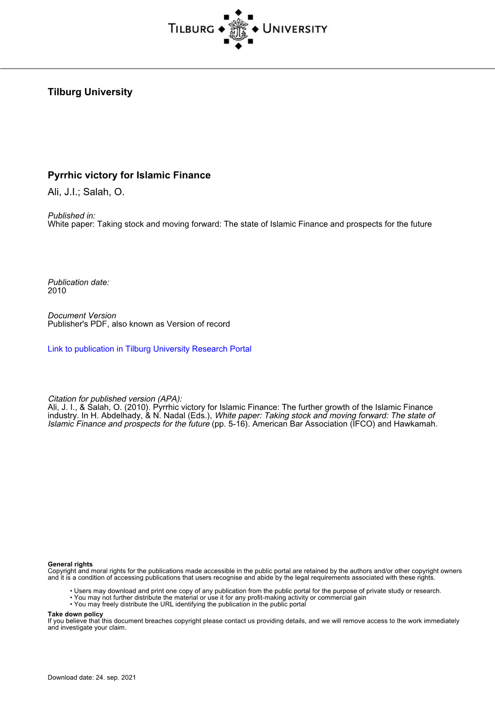 Tilburg University Pyrrhic Victory for Islamic Finance Ali, J.I.; Salah, O