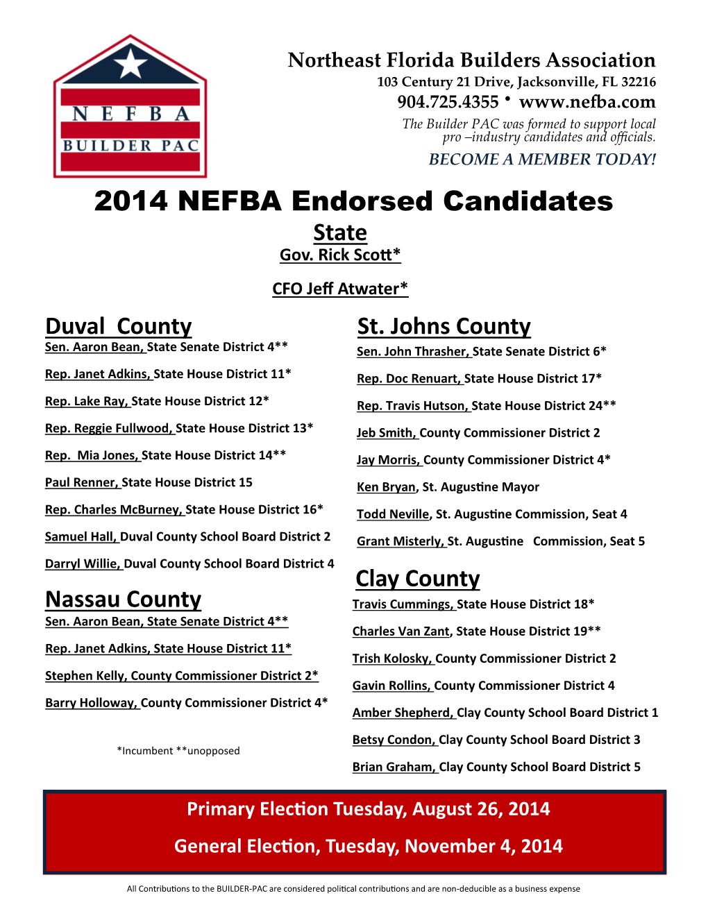 2014 NEFBA Endorsed Candidates State Gov