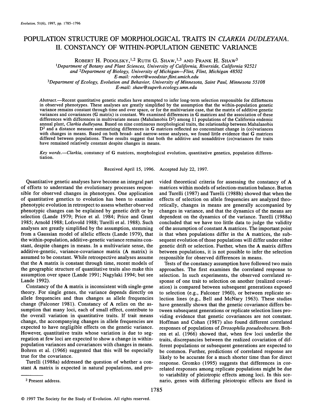 POPULATION STRUCTURE of MORPHOLOGICAL TRAITS in &lt;I&gt;CLARKIA DUDLEYANA&lt;/I&gt;. II. CONSTANCY of WITHIN&#X2010;POPULAT