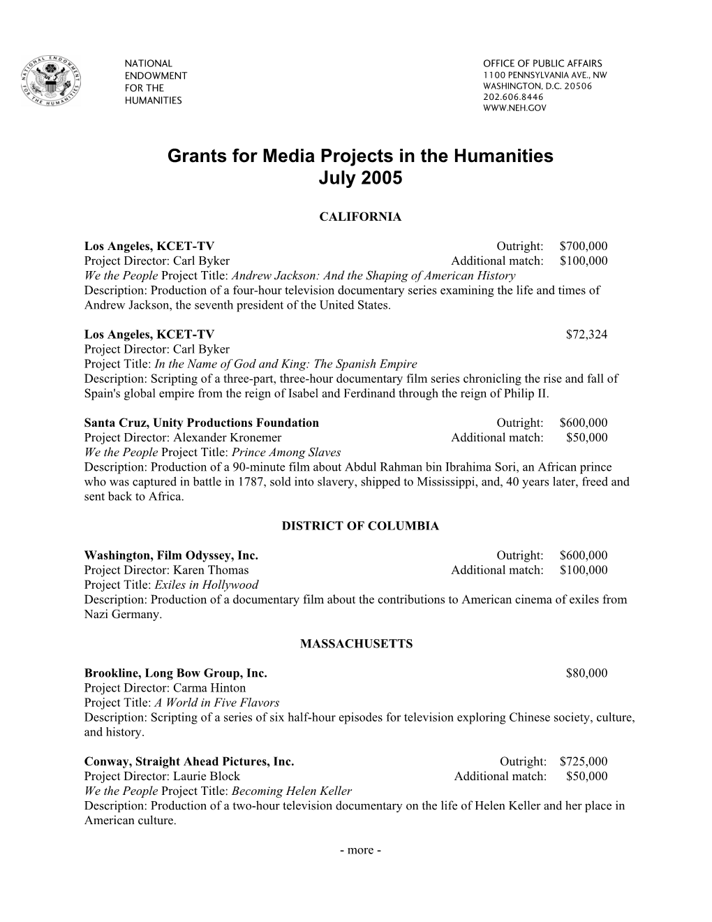 Grants for Media Projects in the Humanities July 2005