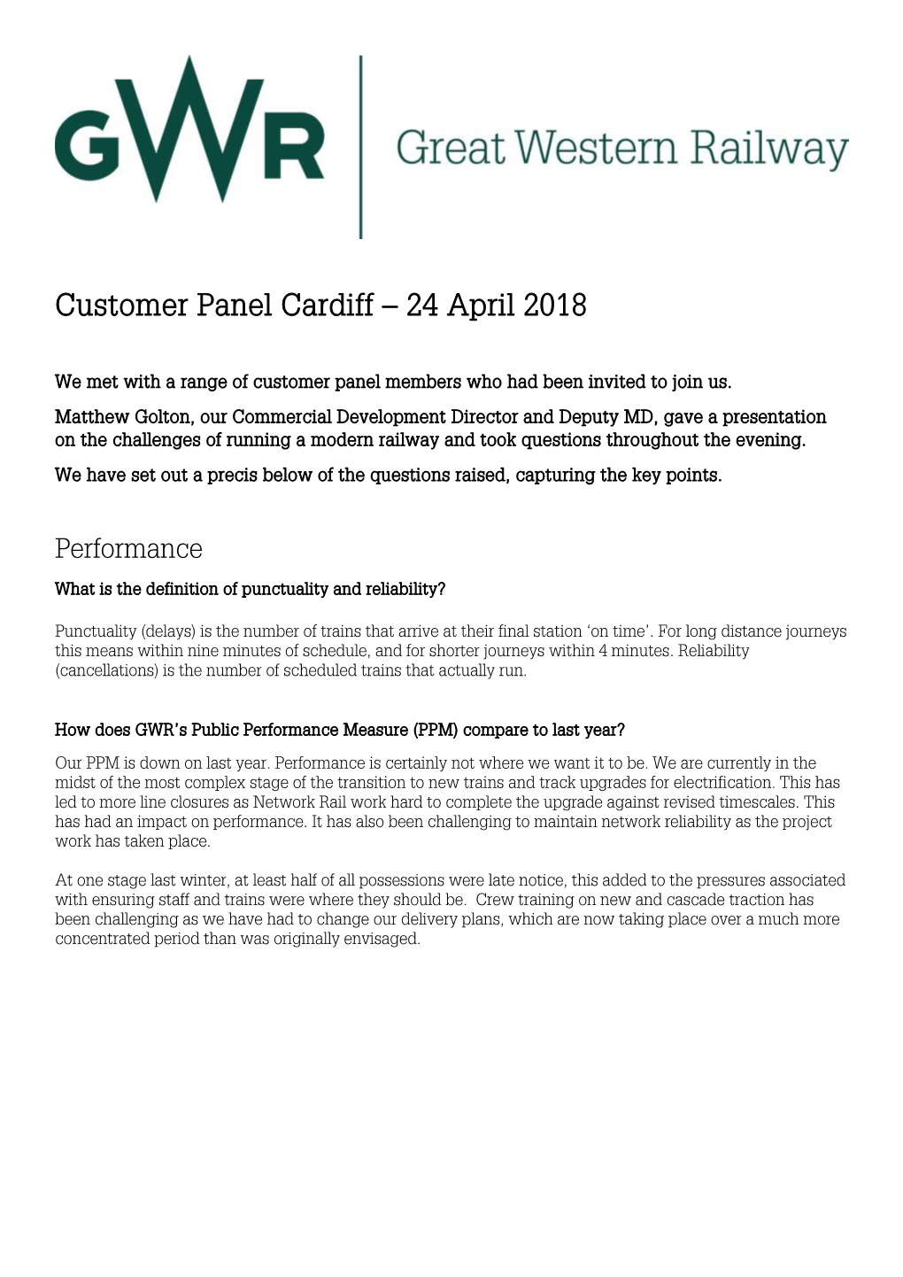 Customer Panel Cardiff – 24 April 2018